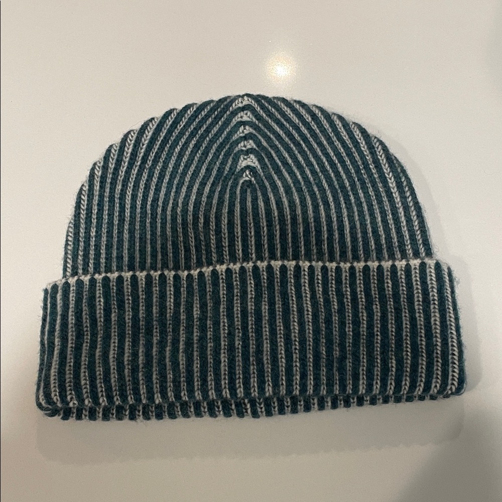 Teal and White Striped Beanie